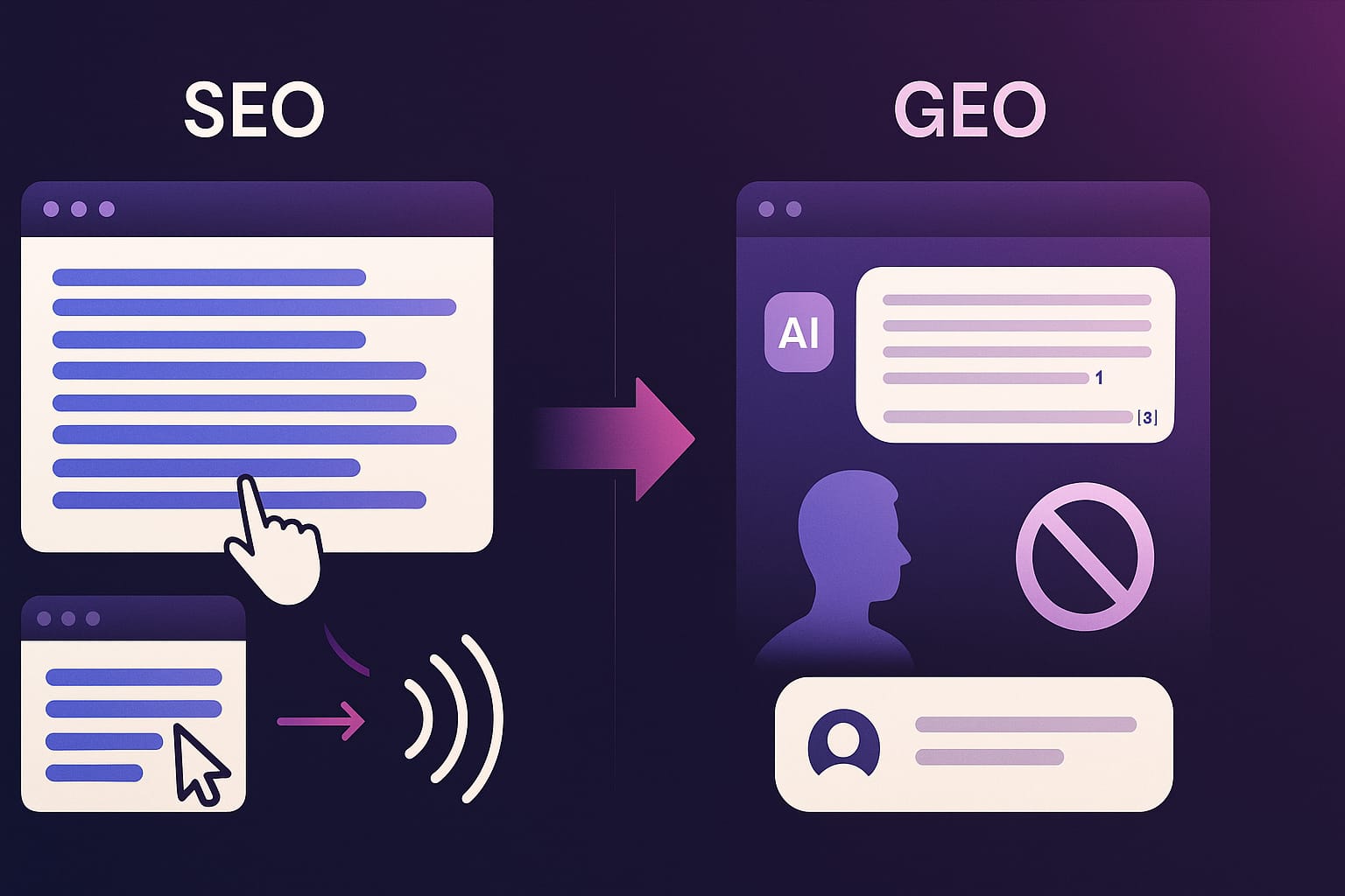 Diagrama comparativo SEO vs GEO: SEO compite por 10 enlaces azules con click al sitio; GEO compite por aparecer citado dentro de la respuesta de un LLM con consumo zero-click