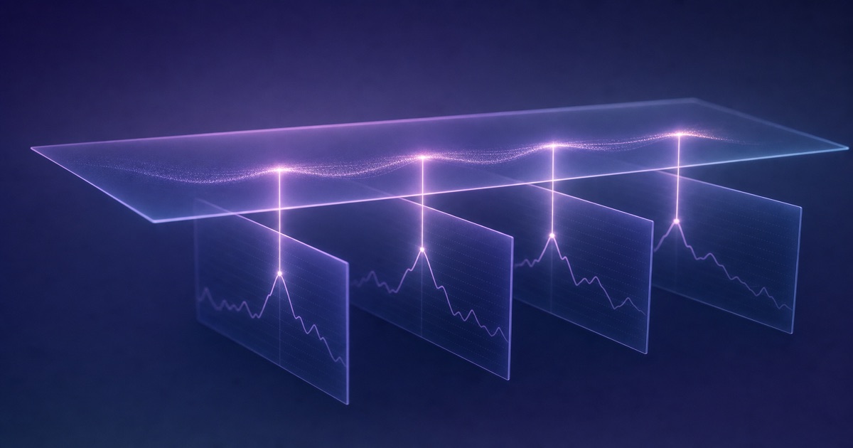 Cuatro series luminosas paralelas sobre un mismo eje temporal y un quinto trazo transversal que las cruza y las conecta