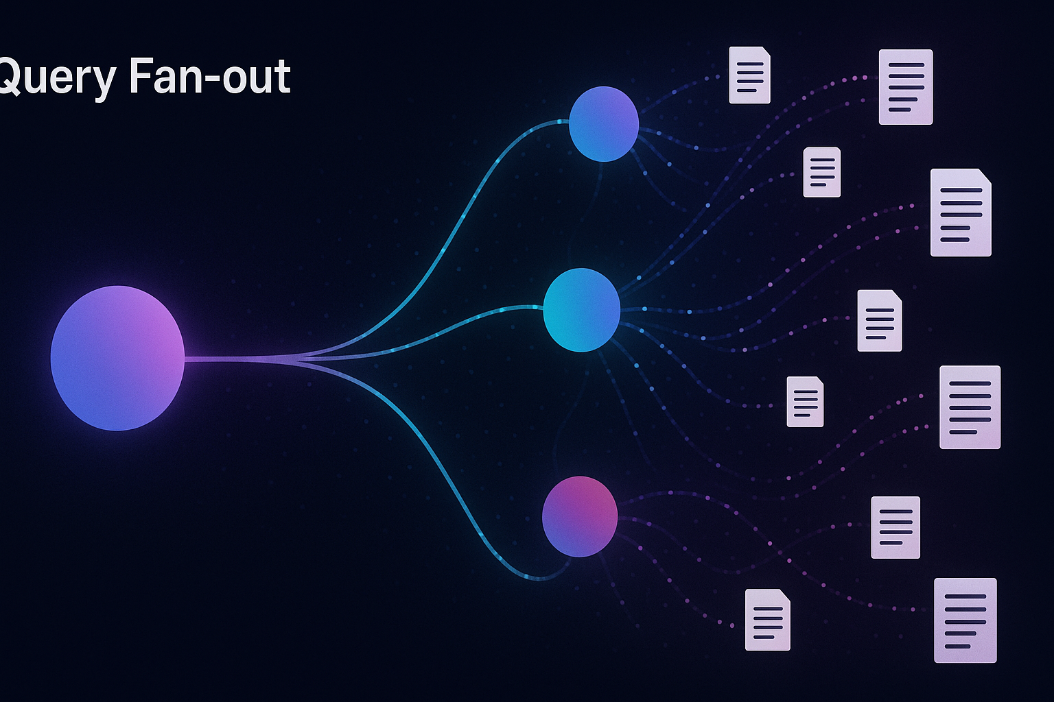 Diagrama de Query Fan-out: una consulta del usuario se expande en múltiples subqueries concurrentes que recuperan fuentes web simultáneamente