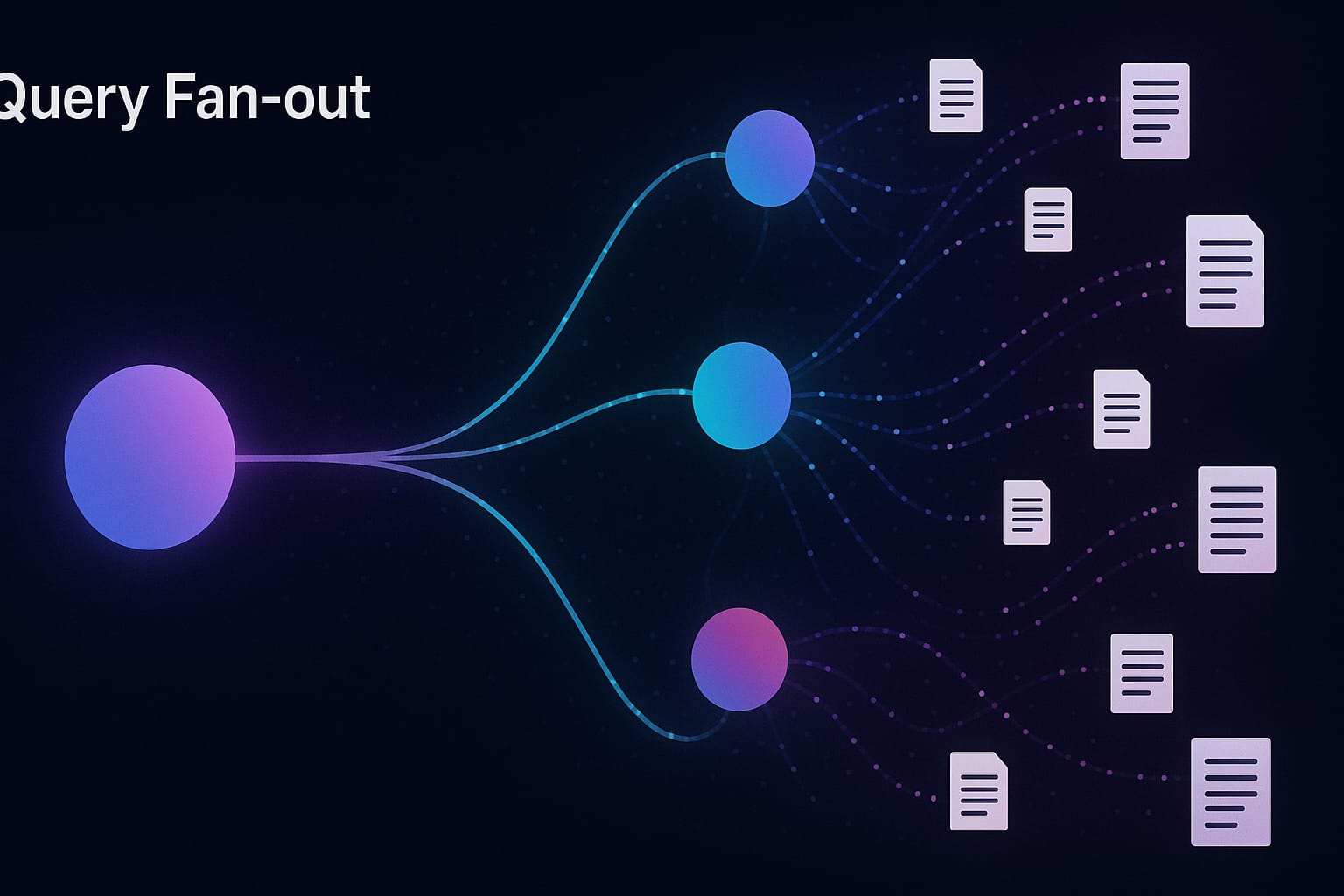 Diagrama de Query Fan-out: una consulta del usuario se expande en múltiples subqueries concurrentes que recuperan fuentes web simultáneamente
