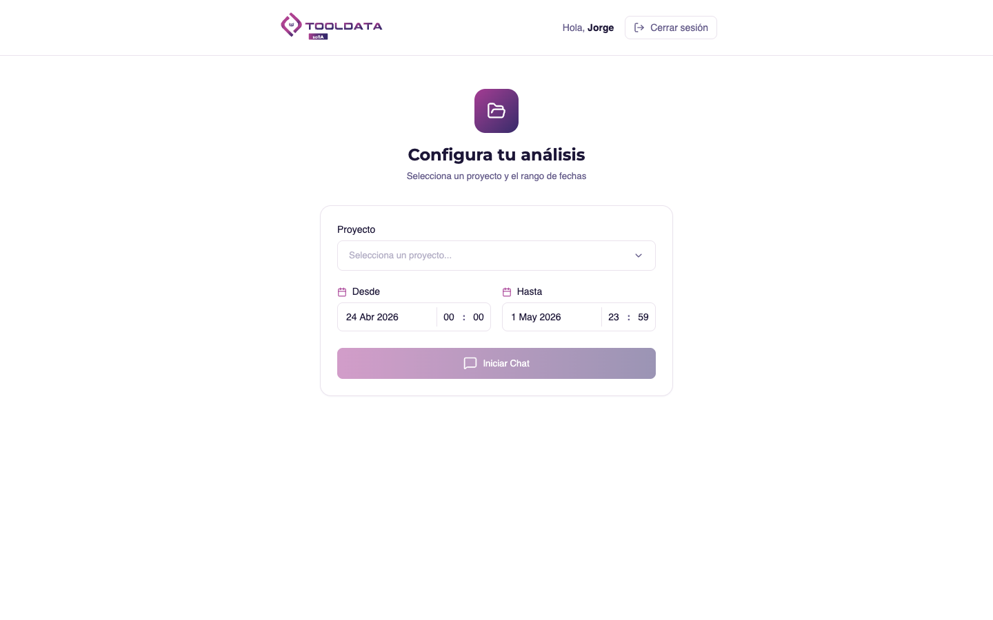 sofIA paso 1: configura tu análisis seleccionando proyecto y rango de fechas